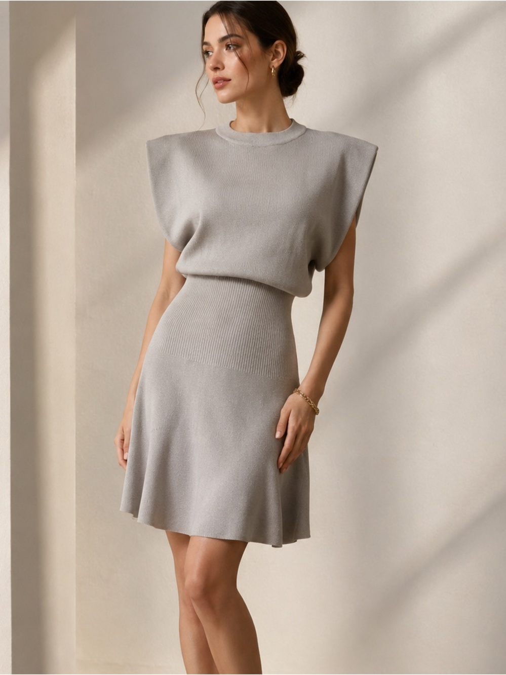 Zara Knit Fit & Flare Mini Dress Ribbed Waist Stone Taupe Size Medium
